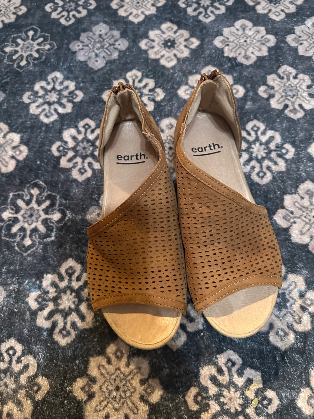 Earth Tan Perforated Open-Toe Slip-On Wedges